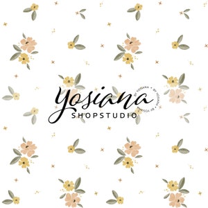 May include: A white background with a repeating pattern of watercolor flowers in peach and yellow, with green leaves. The design includes the text "yosiana shopstudio" in a cursive font.