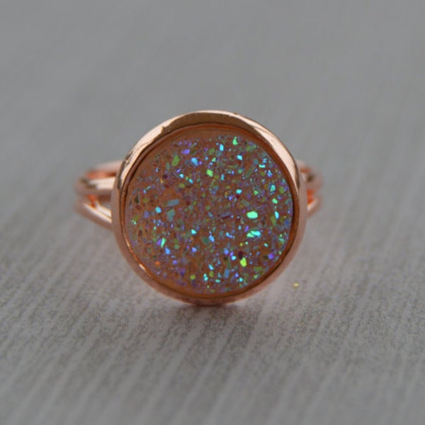 Rainbow Druzy and Rose Gold Adjustable Ring, Boho Ring, Statement, Iridescent, Clear Ab, Opal, Glitter Stone, Metallic, Round