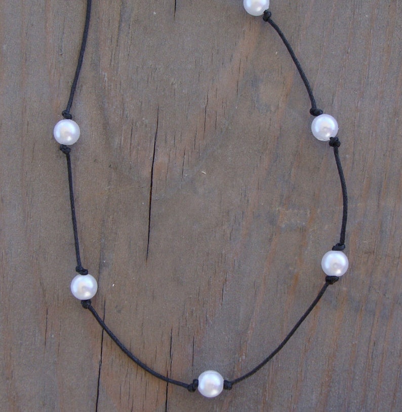 Boho Knotted White Pearl Bead Leather Choker Necklace Bohemian RoundBeaded Hippie Chic Black Cord Tattoo Spaced
