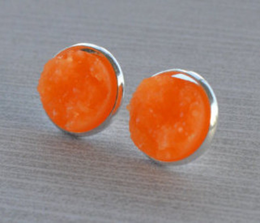 Neon Orange Druzy Stud Earrings, Bright Orange Glitter Earrings, Post