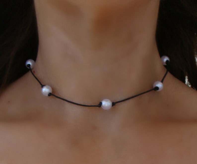 Boho Knotted White Pearl Bead Leather Choker Necklace Bohemian RoundBeaded Hippie Chic Black Cord Tattoo Spaced