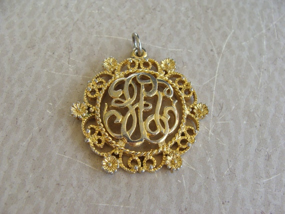 Vintage Monet Gold Monogram Pendant Filigree Init… - image 1