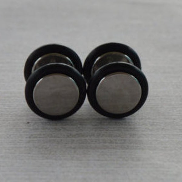 Silver and Black Fake Plugs, Earrings, Faux Gauges, Faux Plugs, Rubber Ends, Surgical Steel, Screw Backs