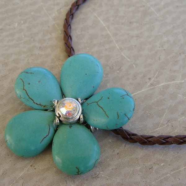 Boho Turquoise Beaded Flower Necklace - Braided Leather Cord Brown Wire Wrapped Swarovski Crystal Southwestern Bohemian Beads Pendant