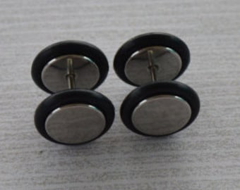 Silver and Black Fake Plugs, Earrings, Faux Gauges, Faux Plugs, Rubber Ends, Surgical Steel, Screw Backs