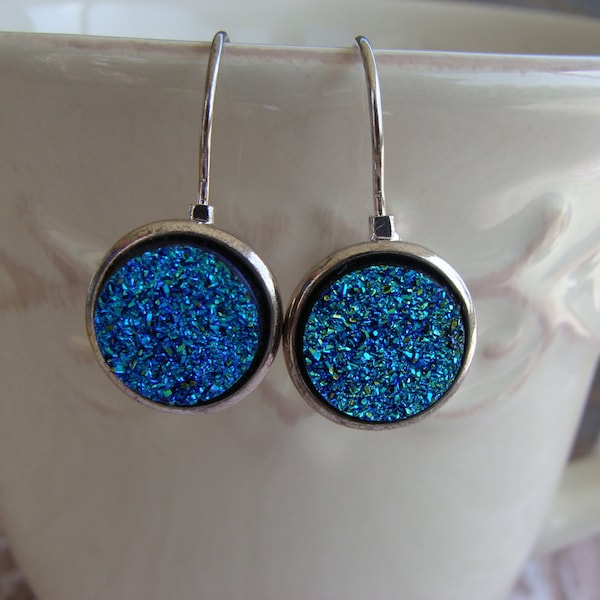 Royal Blue Druzy Earrings, Leverback Druzy Earrings, Lever Back Druzy Earrings, Druzy Dangle Earrings, Deep Blue Druzy, Round Stone, Button