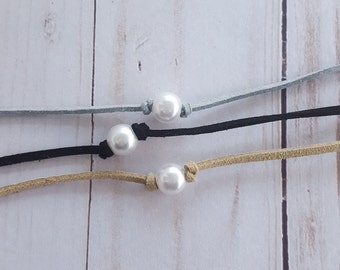 Pearl and Suede Necklace, Pearl and Leather Choker