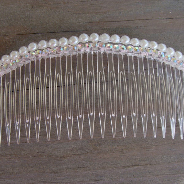 Pearl and Clear Crystal Ab Clear Hair Comb - Iridescent Moonstone Opallite Opal Rhinestone White Long Bridal Bow Clip Barrette Pin Hairpiece