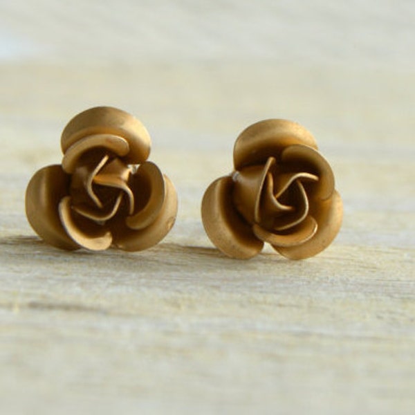 Matte Gold Aluminum Rose Earring - Lightweight Metal Rose Rosebud Flower Small Little Earrings Post Stud Earrings Romantic Whimsical