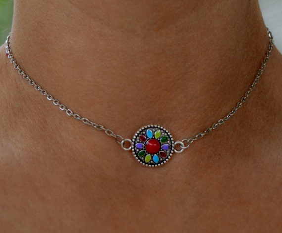 Silver Chain Choker Turquoise Mandala Choker.Bohemian Choker Silver Choker Chain Mandala Chain Choker Necklace Hippie Choker Boho Choker