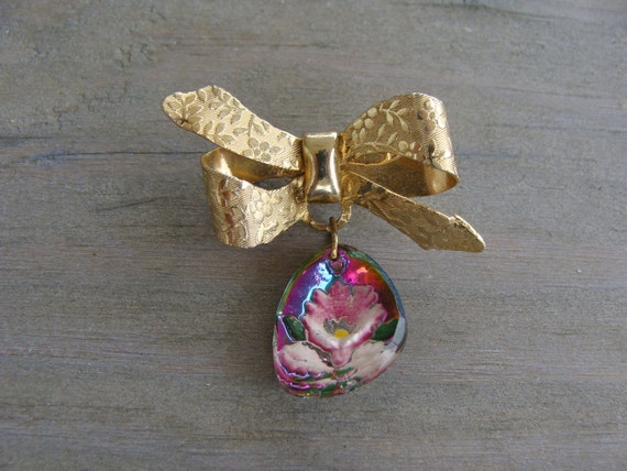 Vintage Intaglio Budding Flower Hand Painted Bow … - image 2