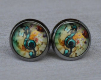 Boho Music Note Stud Earrings, Hippie Chic Rocker Posts, 10mm Round Earrings, Colorful Tapestry Earrings, Small Music Note Earrings, Silver
