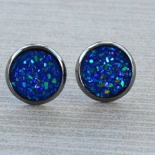 Royal Blue Druzy Stud Earrings, Blue Glitter Earrings, Post Earrings, Faux Druzy, Electric Blue Druzy, Bright Blue Earrings, Small Buttons