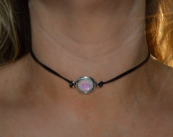 Opal Choker, Faux Rainbow Opal Choker, Moonstone Choker, Iridescent Crystal, Grunge Choker, Leather Choker, Opal and Silver Choker