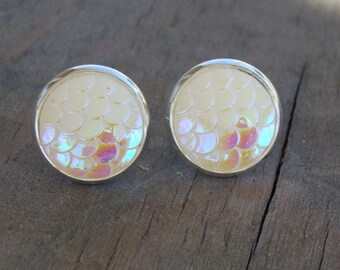 Pearlescent Mermaid Scales Stud Earrings - 12mm Post Milky White Iridescent Sparkly Silver Bridesmaid Bridal Moonstone Opalite Opal Opallite