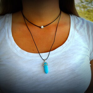 Boho Crystal Quartz Point Necklace, Turquoise, Single Pearl Choker, Leather Necklace, Pink, Purple, Mystic, Hippie, Festival, Grunge