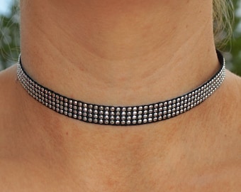 Black Leather Sparkly Snakeskin Choker Necklace with Silver Extender Chain & Swarovski Crystal