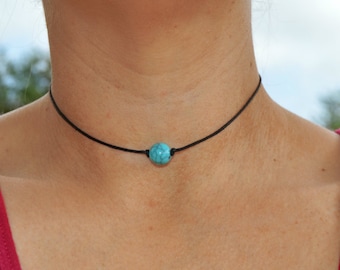 Boho Single Turquoise Bead and Leather Choker Necklace, Turquoise Bead Choker, Black Leather Choker, Simple Choker, 90's Grunge Choker