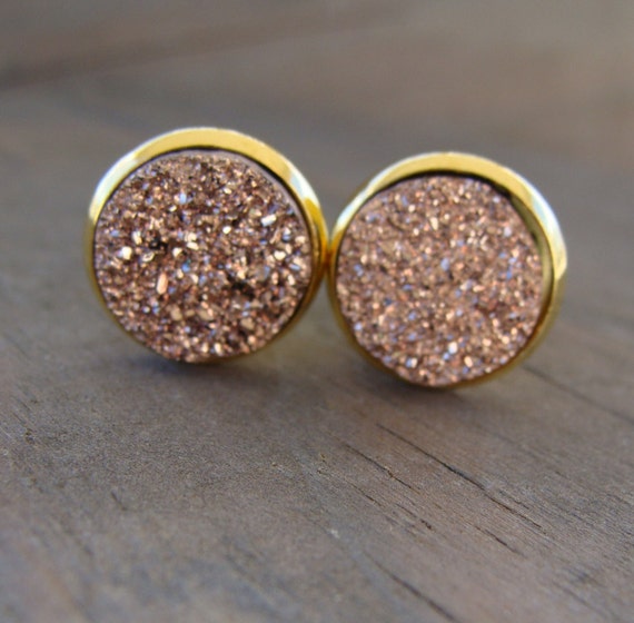 12mm Pink Rose Gold Clip-on Druzy Earrings Copper Iridescent | Etsy