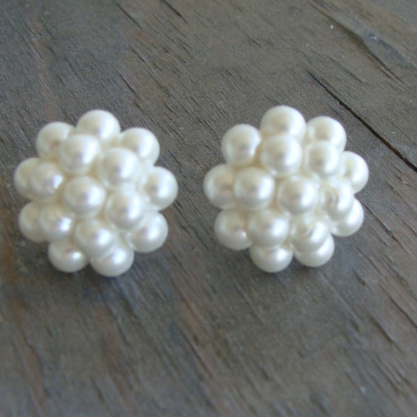 Pearl Cluster Button Bridal Earrings - White Shimmery Berry Grape Round Flower Bouquet Bridesmaid Gift Post Stud