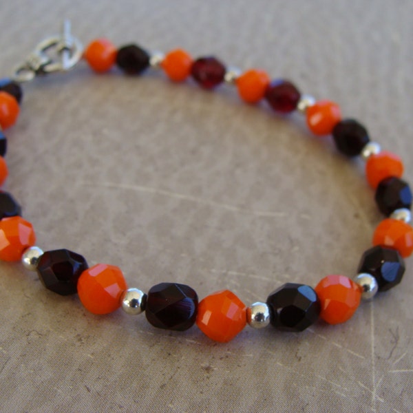 Childs Virginia Tech Glass Beaded Bracelet - Maroon Orange Hokies Toggle Clasp Czech Faceted Beads Silver