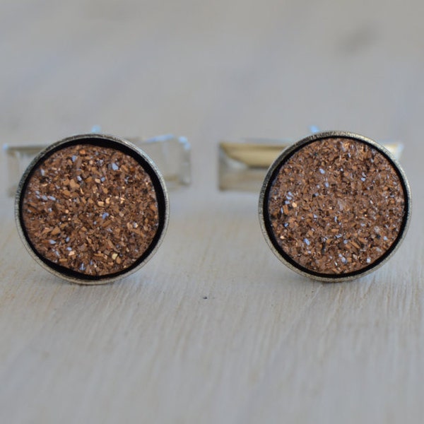 Rose Gold Druzy and Silver Cuff Links, Rough Stone, Pink Champagne, Silver Setting Cuffs