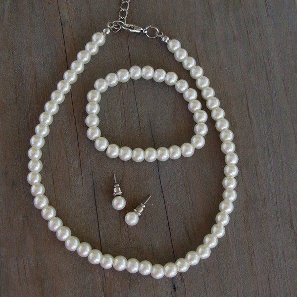 Child's White Pearl Necklace Set, Kid's Pearl Necklace Set, Earrings, Bracelet, Kids Baptism Pearl Necklace Set, White Pearls, Ivory