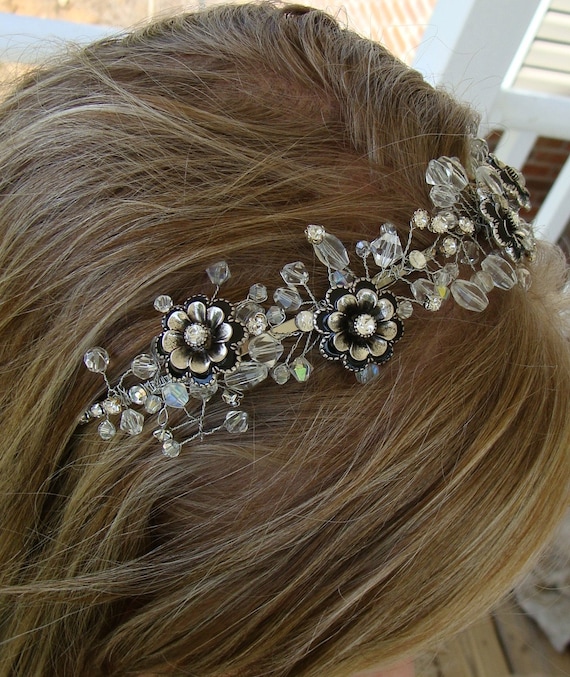 Bridal Headband Wire Wrapped Beads Beaded Clear Swarovski 