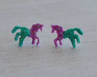 Unicorn Earrings, Unicorn Studs, Rainbow Unicorn Earrings, Glitter Unicorn Studs, Glitter Earrings, Glitter Unicorn Earrings, Small Unicorns