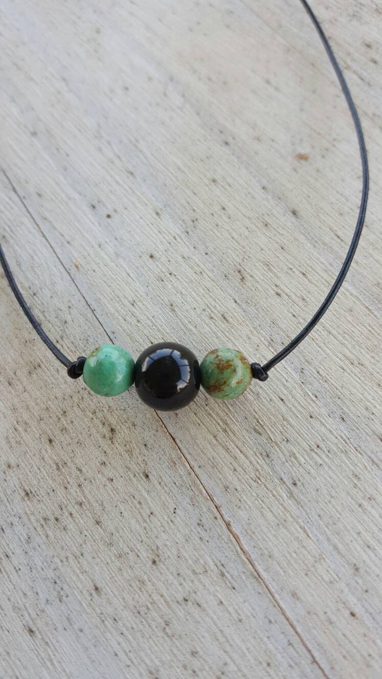 3 bead turquoise and pearl leather choker necklace boho | Etsy