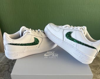 Custom Bejeweled Nike Air Force 1 Trainers – Green Crystal Swoosh