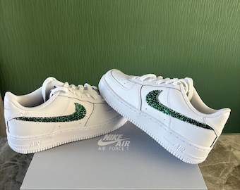 Custom Bejeweled Nike Air Force 1 Trainers – Green Crystal Swoosh Size 4