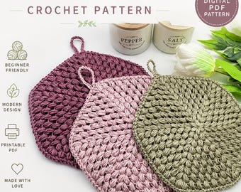 English Crochet Pattern Hot Pad Tutorial Puff Potholder Crochet Trivet Housewarming Christmas Gift Idea Home Kitchen Decoration Gift for Her