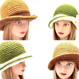 May include: Four crocheted hats in different colors and styles. Two hats are green with white trim, one is brown and yellow, and one is brown with a yellow top.