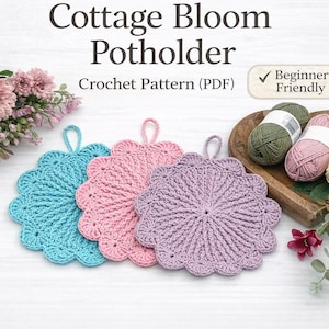 Padrão de crochê para pegador de panela Cottage Bloom em PDF | Padrão de crochê fácil para iniciantes | Padrão de descanso de panela redondo floral em algodão para download instantâneo