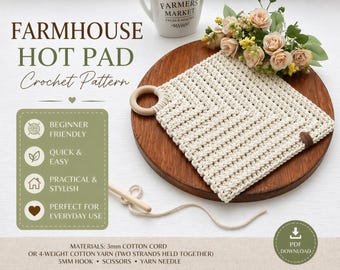 English Crochet Pattern Farmhouse Hot Pad Crochet Tutorial for Beginners 2 Sizes Rustic Charm Kitchen Decor Quick Easy Crochet Gift Idea