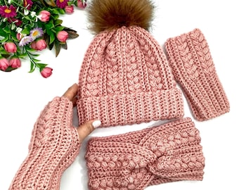 English Crochet Beanie Fingerless Gloves and Ear Warmer Matching Set Pattern Crochet Beanie Hat Fingerless Mittens Crochet Headband Set