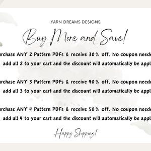 May include: Cream-colored graphic with text that reads "Buy More and Save!" and details discounts for purchasing multiple PDF patterns. The design includes watercolor leaf accents and the words "Happy Shopping!"