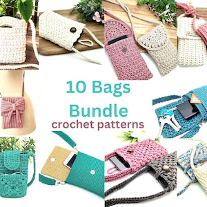 10 Taschen Bundle Häkelmuster Bestseller Taschen Handytasche Crossbody Geldbörse Schulter Handytasche Messenger Bag Boho Bag Englisch Anleitung