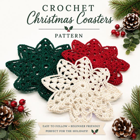 English Crochet Pattern Christmas Cup Coaster Holidays Table Décor Easy Crochet Yarn Stash Buster Project for Beginners Christmas Gift Idea