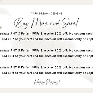 Może przedstawiać: Kremowa grafika z tekstem "Buy More and Save!" szczeg&oacute;łowo opisującym zniżki za zakup wielu wzor&oacute;w PDF. Projekt zawiera akcenty akwarelowych liści i frazę "Happy Shopping!"