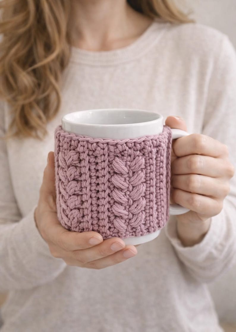 May include: A white ceramic mug with a mauve knitted cozy. The cozy features a cable knit design and is wrapped around the mug. The mug is held by a person wearing a light-colored sweater.