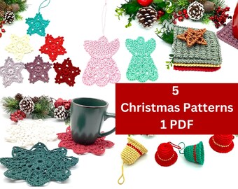 Pacote com 5 padrões de crochê de Natal, enfeites de Natal vintage, decorações de feriados, enfeites para pendurar em árvore de Natal, sino de anjo, porta-copos de estrela