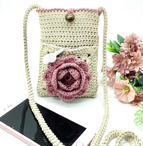 English Crochet Pattern Vintage Rose Front Pocket Bag Phone Purse Floral Crochet Bag Stylish Woman Accessory Unique Design Wonderful Gift