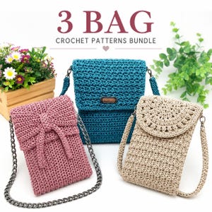 May include: Three crochet bags in pink, teal, and beige, each with a unique design. The pink bag features a bow, the teal bag has a flap, and the beige bag has a circular pattern. All bags have chain straps. The text "3 BAG CROCHET PATTERNS BUNDLE" is at the top.