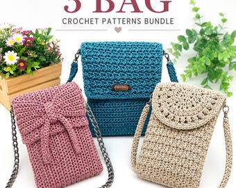 Bundle of 3 Crochet Phone Bag English Patterns – Easy & Stylish DIY Designs for Beginners Advanced Crocheters Cell Phone Purse Tutorial