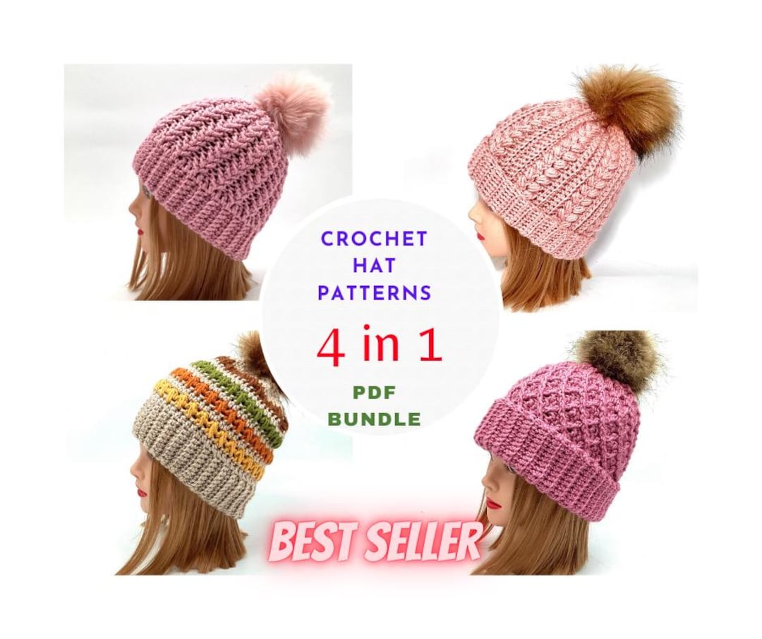 4 Crochet Beanie Patterns in 1 PDF Modern Textured Hat Crochet Pattern ...
