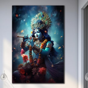 Arte de parede Krishna em vidro temperado, Arte de parede Krishna, Decoração de parede hindu, Arte de parede grande, Presente de inauguração de casa, Decoração de parede de vidro, Decoração hindu