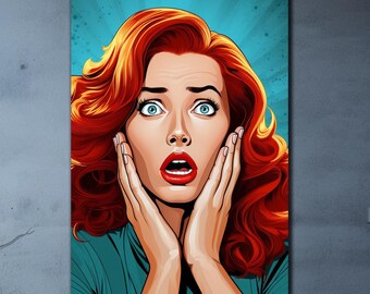 Popart wanddecoratie van gehard glas, WOW glaskunst met een vrouw in de hoofdrol, stripachtige popart, grote wanddecoratie, housewarming cadeaus, wanddecoratie, schokkende stripstijl