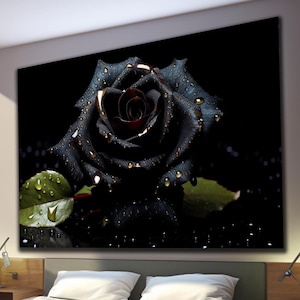 Black Rose Tempered Glass Wall Art, Natural Wall Decor, Floral Wall Art, Black Rose Flower, Large Wall Art, Gift For Her, Home Decoration